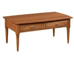Amish 44 or 50 Wide Milan Mid Century Coffee Table with 2 Drawers shown in Rustic Cherry with Seely Stain