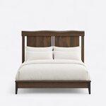 Front view of a contemporary panel bed, showing two panels under a wavy top rail and a low footboard on tapered legs.