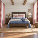 Front room view of a transitional panel bed with a three-panel headboard, in a cottage bedroom with gingham curtains.