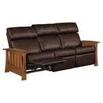 Amish Hearthstone Comfy Bustle Back Wall Hugger Recliner Sofa shown in Texas Leather and Quarter Sawn White Oak with Michaels Cherry