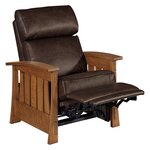 Amish Hearthstone Comfy Bustle Back Wall Hugger Recliner Chair shown in Texas Leather and Quarter Sawn White Oak with Michaels Cherry