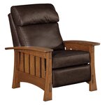 Amish Hearthstone Comfy Bustle Back Recliner Chair shown in Texas Leather and Quarter Sawn White Oak with Michaels Cherry