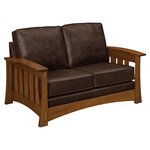 Amish Handcrafted Deluxe Hearthstone Wood Frame Mission Loveseat shown in Texas Leather & Quarter Sawn White Oak with Michaels Cherry Stain