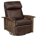 Amish Dutton Rough Sawn Mission Comfy Swivel Rocker Recliner with Bustle BackShown in Texas Leather and Roughsawn Brown Maple with Almond Stain