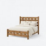 Diagonal angled view showing the left side of a rustic bed, with a tall slatted headboard and a low matching footboard.