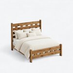 High angled view of a rustic bed, looking down on a side rail linking a tall slatted headboard and a low footboard.