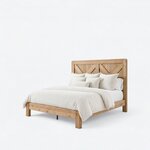 Diagonal angled view showing the left side of the Fulton bed, with a diagonally braced headboard and a low foot rail.