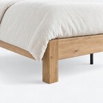 Foot corner close-up of the Fulton bed, with a square leg joining a low foot rail and a straight side rail.
