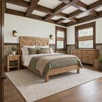 Diagonal angled room view showing the right side of the Fulton bed with a low foot rail, in a coffered-ceiling bedroom.