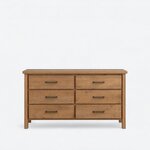 Front view of a modern dresser, with six equal-width drawers in three paired rows, each with a metal bar pull.