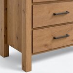 Leg close-up of a modern dresser, showing a square corner post extending below the case and a recessed side panel.