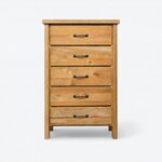 Front view of a farmhouse chest of drawers, with five full-width drawers and a centered metal pull on each.