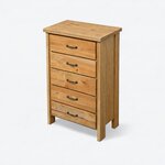 High angled view of a farmhouse chest of drawers, with a rectangular slab top overhanging a framed side panel.