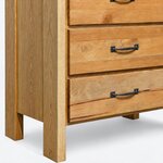 Leg close-up of a farmhouse chest of drawers, showing a square corner post extending below the drawers as a short leg.