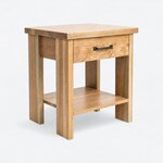 Diagonal angled view showing the right side of a rustic nightstand, with a drawer and an open lower shelf.