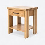 Diagonal angled view showing the left side of a rustic nightstand, with a drawer and an open lower shelf.