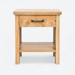 Front view of a rustic nightstand, with a flat drawer front, a centered metal bar pull and an open lower shelf.