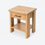 High angled view of a rustic nightstand, with a rectangular overhanging top above a drawer and an open shelf.
