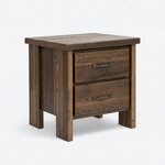 Diagonal angled view showing the right side of a rustic nightstand, with two drawers and a slab top on block legs.
