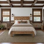 Front room view of a rustic nightstand with a slab top and two drawers, in a bedroom with a coffered ceiling.
