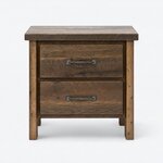 Front view of a rustic nightstand, with two broad, flat drawer fronts and a centered metal bar pull on each.
