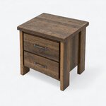 High angled view of a rustic nightstand, showing a rectangular slab top overhanging two drawers and a framed side panel.