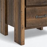 Leg close-up of a rustic nightstand, showing an untapered corner leg beside a recessed side panel and a lower rail.