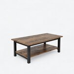 Diagonal angled view showing the right side of an industrial coffee table, with a plank top and an open lower shelf.