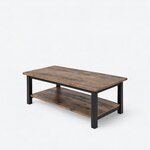 Diagonal angled view showing the left side of an industrial coffee table, with a plank top and an open lower shelf.