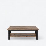 Front view of an industrial coffee table, with a long rectangular top and a wide lower shelf between square legs.