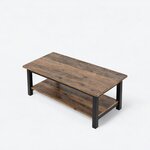 High angled view of an industrial coffee table, with a rectangular plank top and a smaller inset lower shelf.
