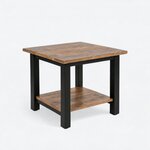 Diagonal angled view showing the right side of an industrial end table, with a square top and a low open shelf.