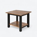 Diagonal angled view showing the left side of an industrial end table, with a square top and a low open shelf.