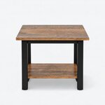 Front view of an industrial end table, showing a low shelf centered between square legs beneath a shallow apron.