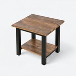 High angled view of an industrial end table, with a square top overhanging the frame and a low shelf between square legs.