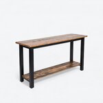 Diagonal angled view showing the right side of a rustic console table, with a thin top, four square legs and a low shelf.