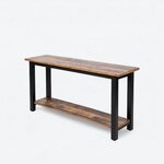 Diagonal angled view showing the left side of a rustic console table, with a thin top, four square legs and a low shelf.