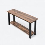 High angled view of a rustic console table, with a narrow rectangular top and a lower shelf inset between the legs.