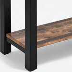 Leg close-up of a rustic console table, showing a square leg and a lower shelf resting on a support rail.