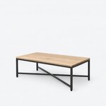 Diagonal angled view showing the left side of an industrial coffee table, with a rectangular top and a low metal X-brace.