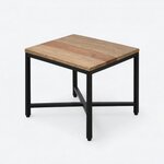 Diagonal angled view showing the left side of an industrial end table, with a square plank top and an open metal frame.