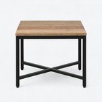 Front view of an industrial end table, with a thin square top, four square metal legs and a low X-stretcher.