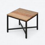 High angled view of an industrial end table, showing a square plank top with a small overhang above a metal frame.