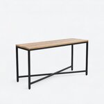 Diagonal angled view showing the right side of an industrial console table, with a slab top and an X-braced metal base.