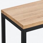 Top corner close-up of an industrial console table, with a square top corner and a straight edge above a metal frame.