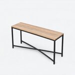 High angled view of an industrial console table, with a long, narrow rectangular top and an X-braced metal base.