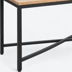 Leg close-up of an industrial console table, showing a square metal leg, a round foot and a low diagonal stretcher.