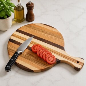 Handcrafted Multi-Wood 17" Round Cutting Board with Handle