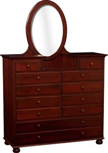 Solid Wood Luellen High Dresser with Beveled Oval Mirror and Bun Feet