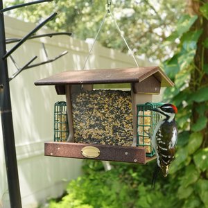 Poly Deluxe Hanging or Post Mount Hopper Bird Feeder with Dual Suet Cages
